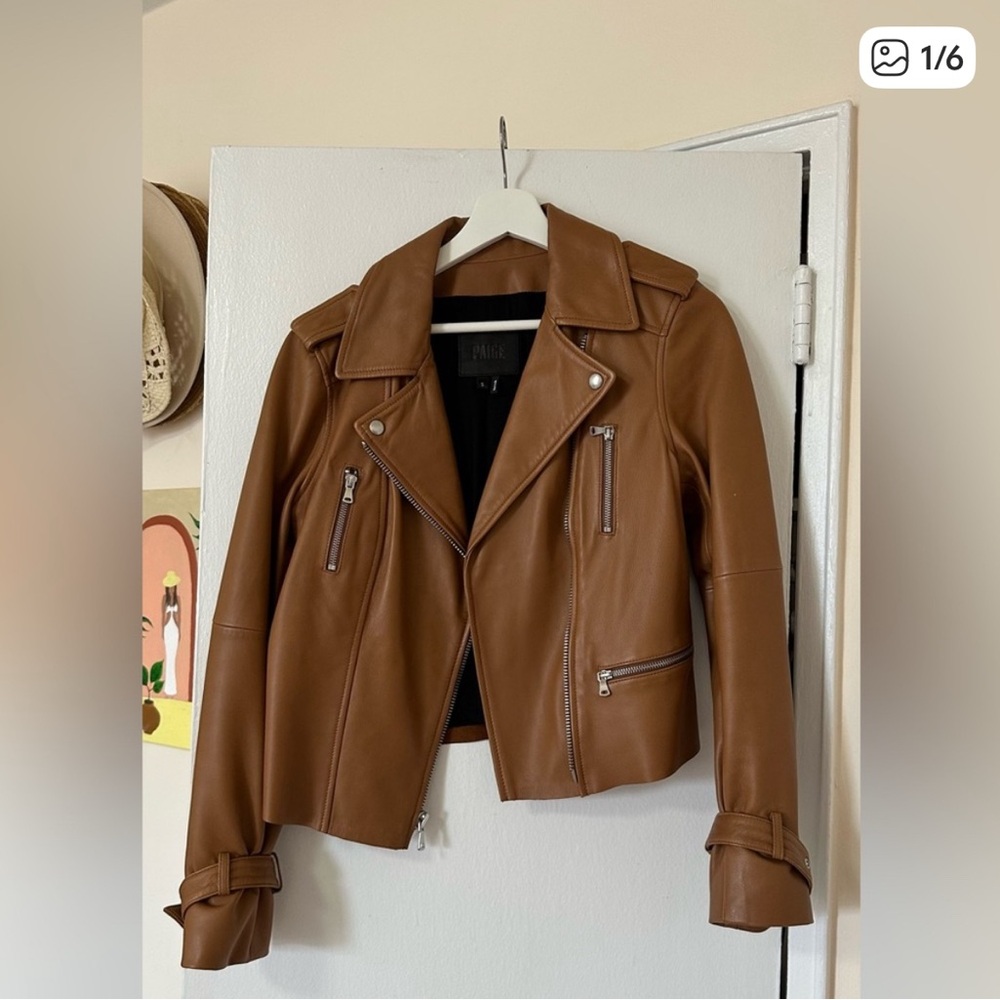 PAIGE Brown Leather Biker Jacket
